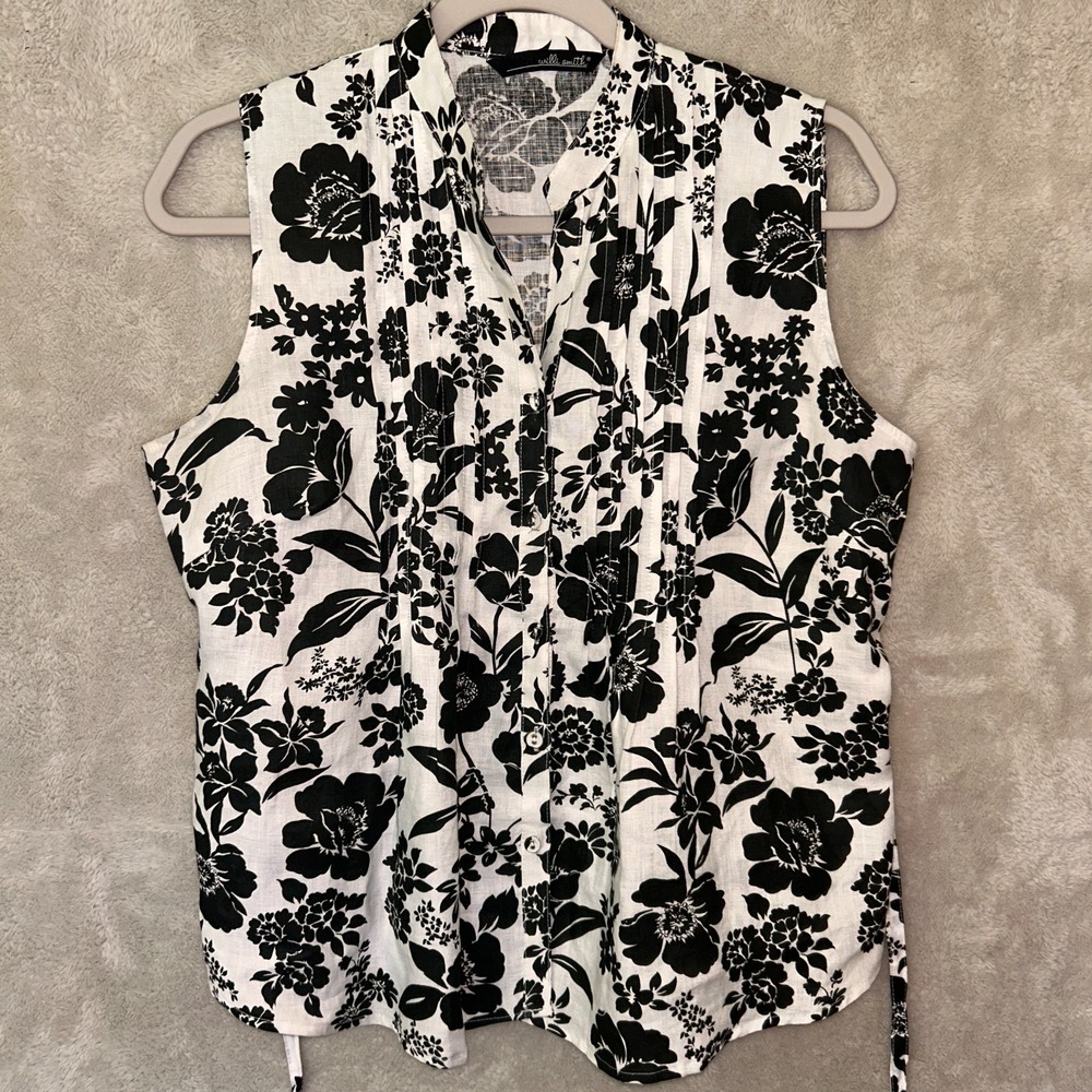 Willi Smith Linen Sleeveless Top White Black Print with Tie-backs M Chest 40"
